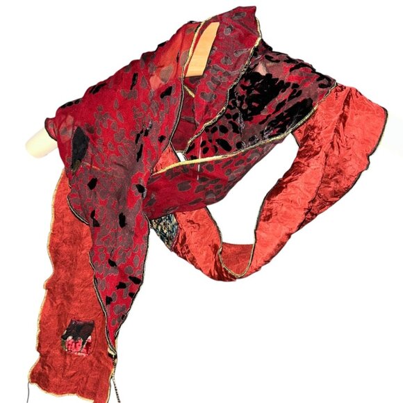 Art to Wear red burgundy Devore Burbout Velvet applique silk scarf - Picture 5 of 5